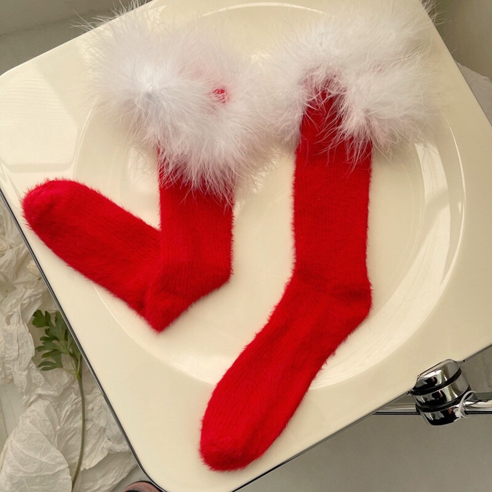 Red White Fuzzy Santa Christmas Halloween Costume Holiday Socks Feather Cuff
